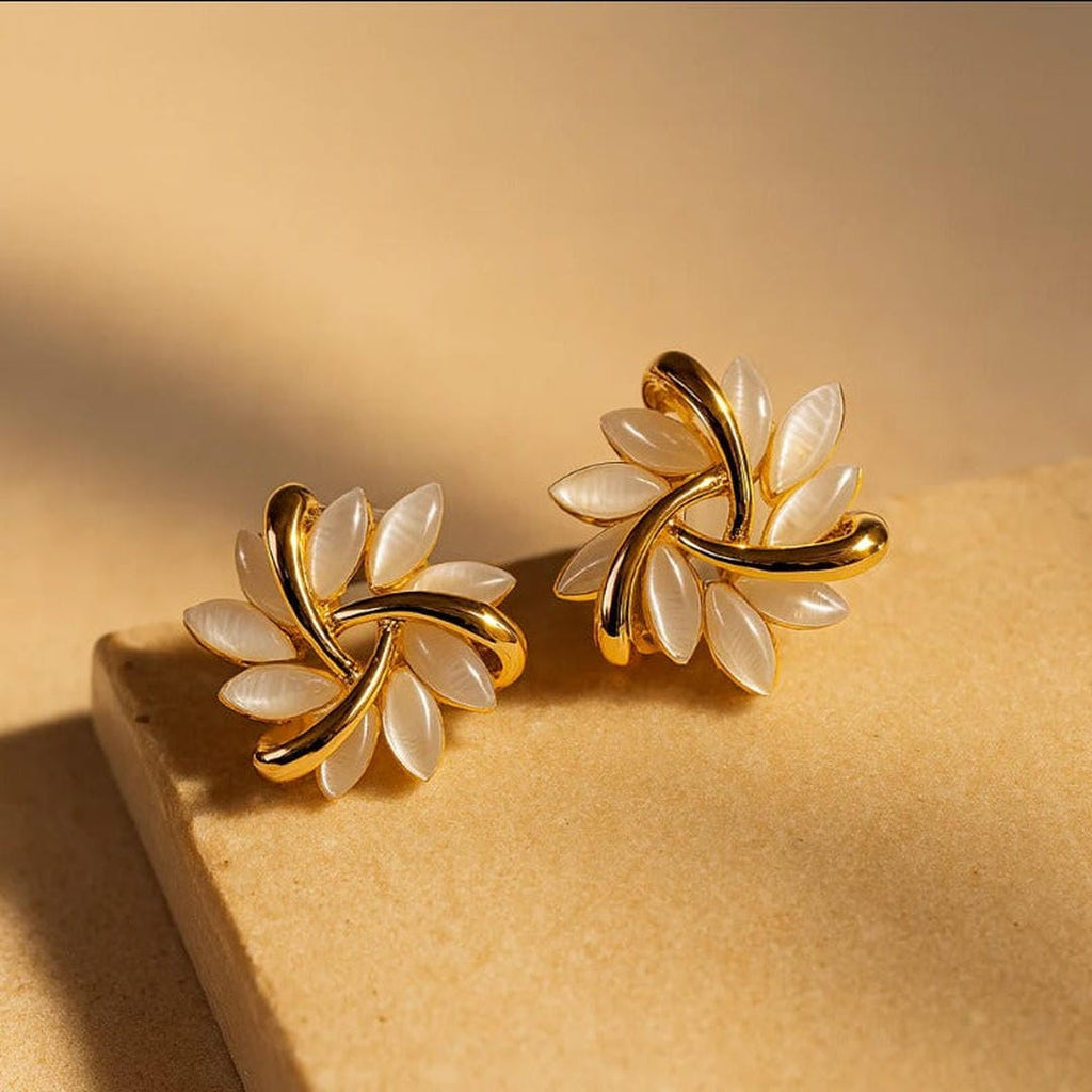 Gold Leaf White Opal Stud Earrings