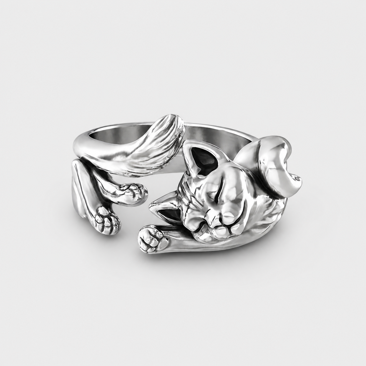 Silver Sleepy Cat Adjustable Ring