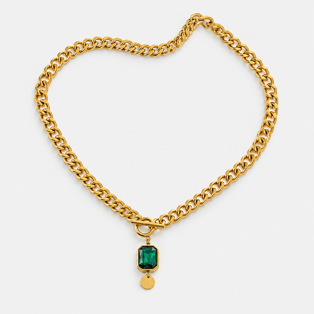 Chunky Chain Emerald Gold Pendant Necklace