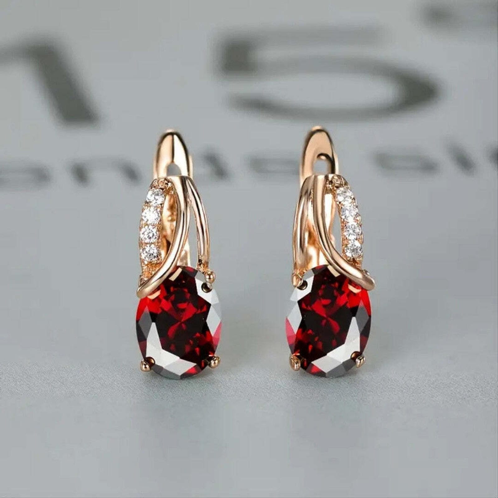 Veressa Ruby Stone Golden Rose Earrings