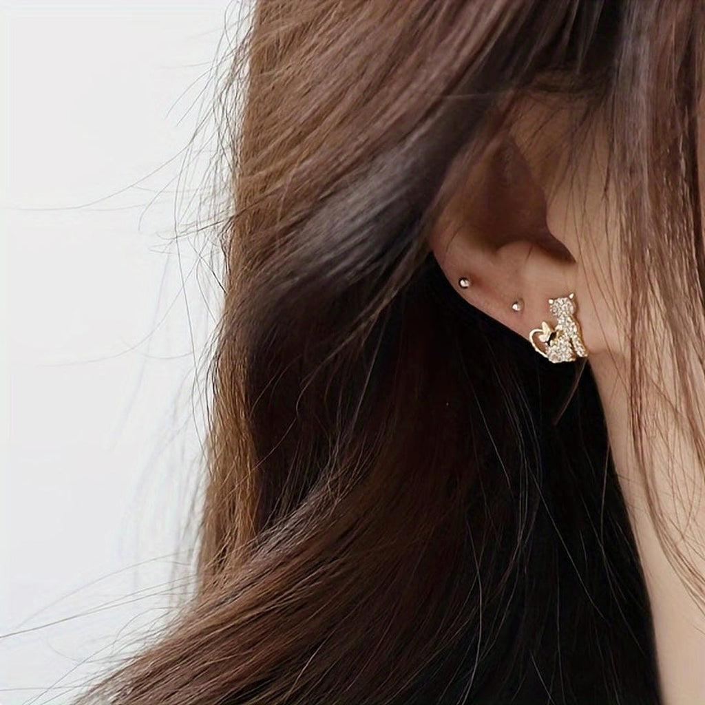 Golden Cat Zirconia Butterfly Stud Earrings