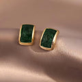 Green Stone Rectangle Stud Earrings