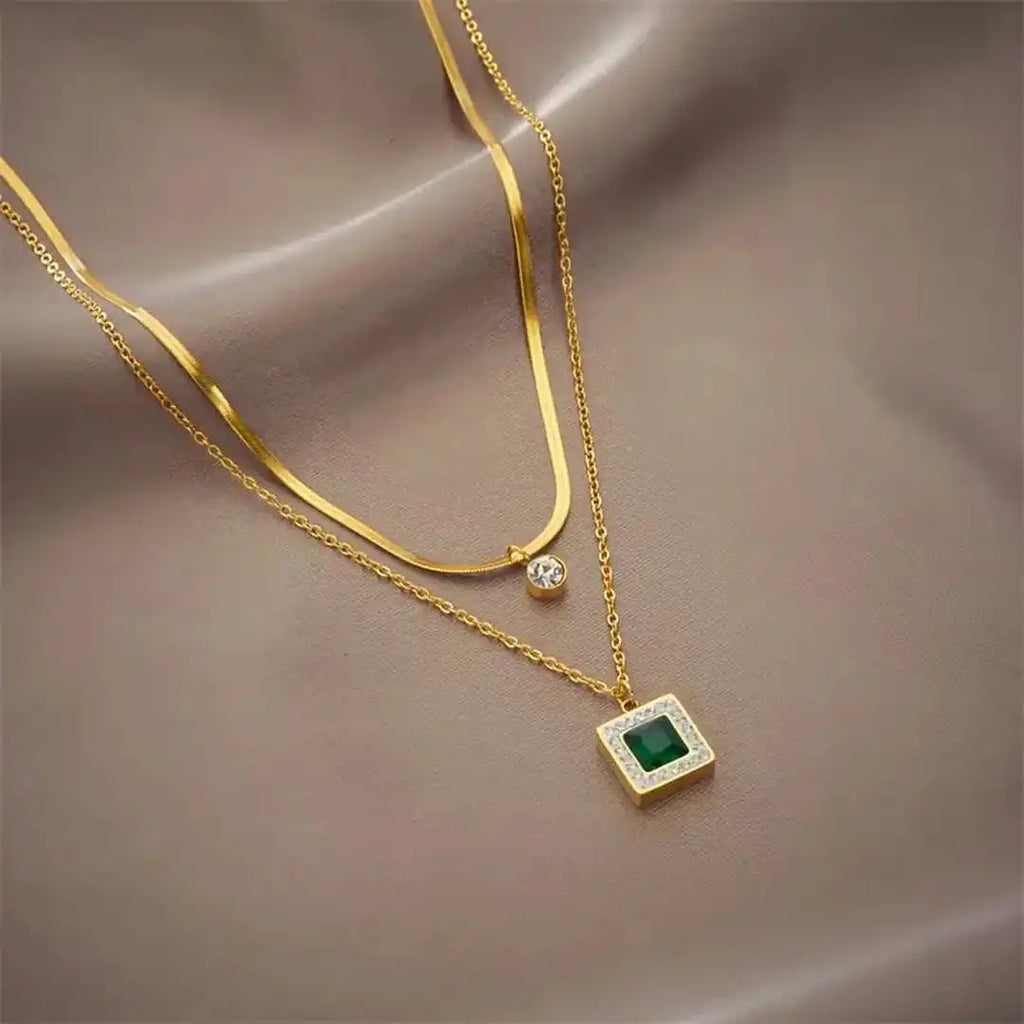 Emerald Layered Double Gold Necklace