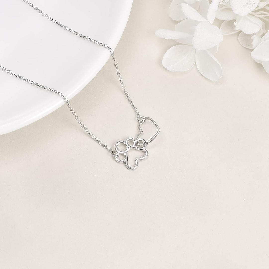 Silver Heart Paw Pendant Necklace