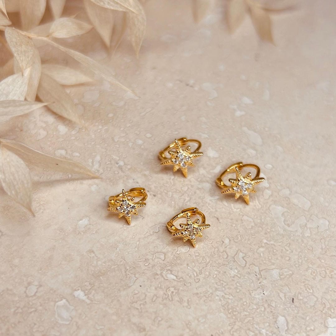 Set of 2 Pairs Gold Crystal Star Huggie Hoops