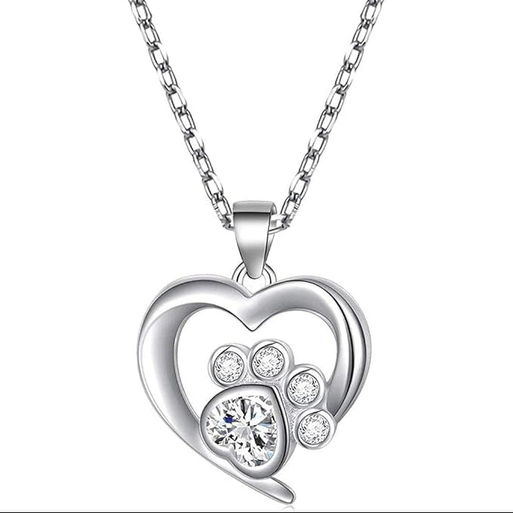 Silver Paw Heart Zirconia Necklace