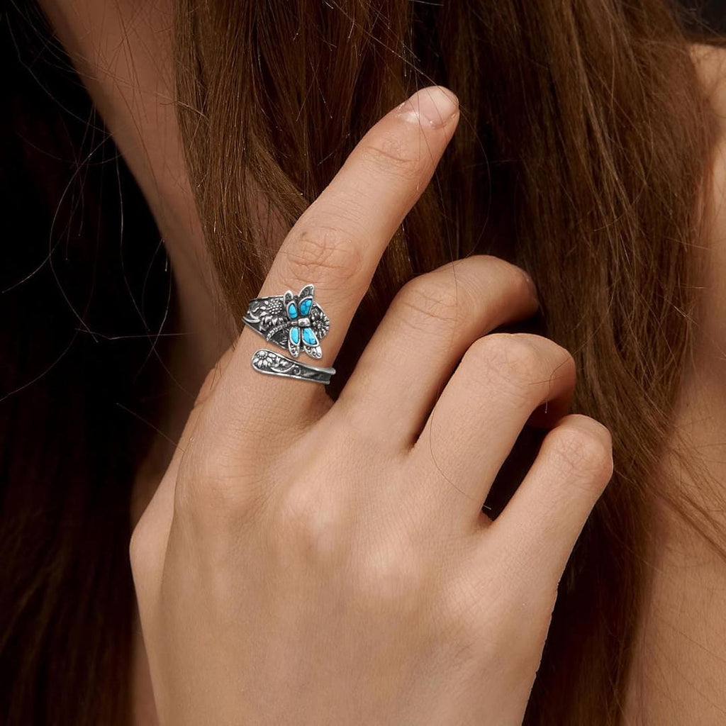 Adjustable Silver Turquoise Dragonfly Ring
