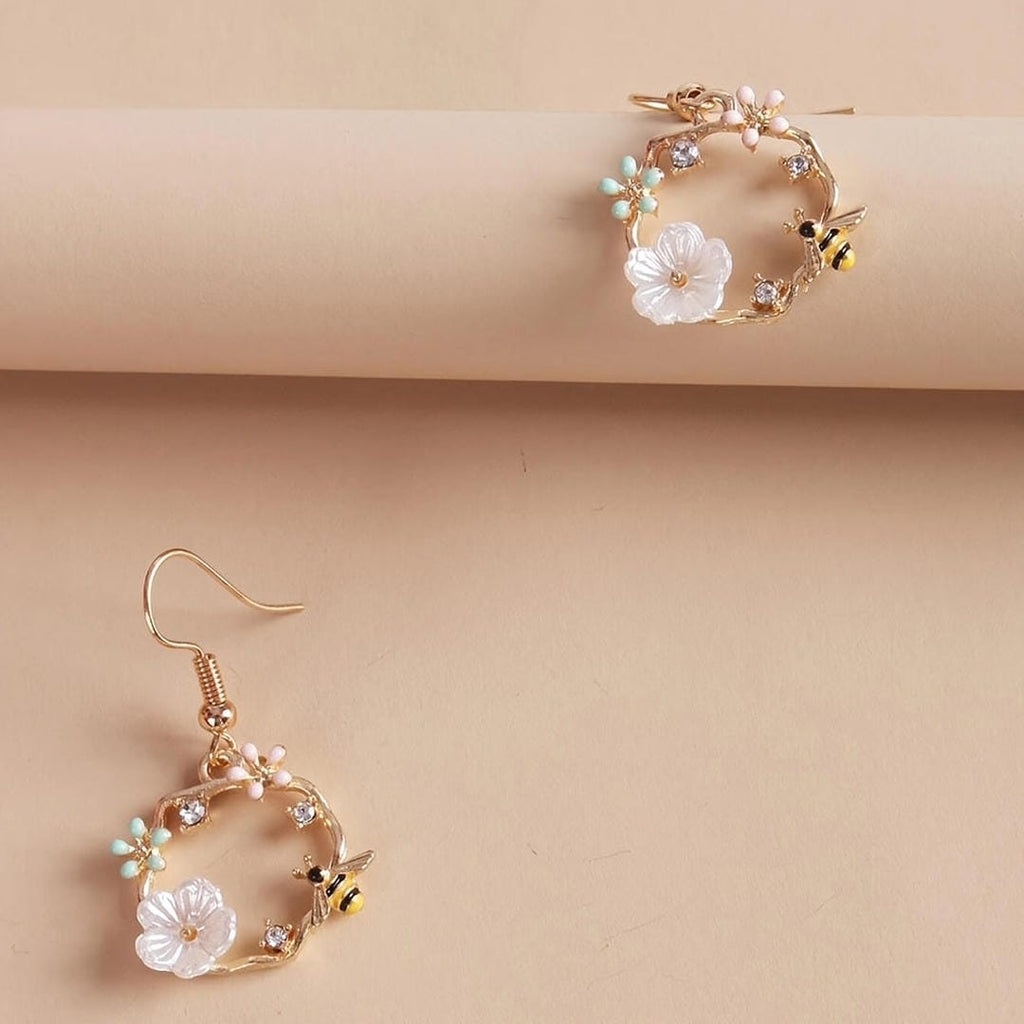 Bee Flower Gold Drop Earrings