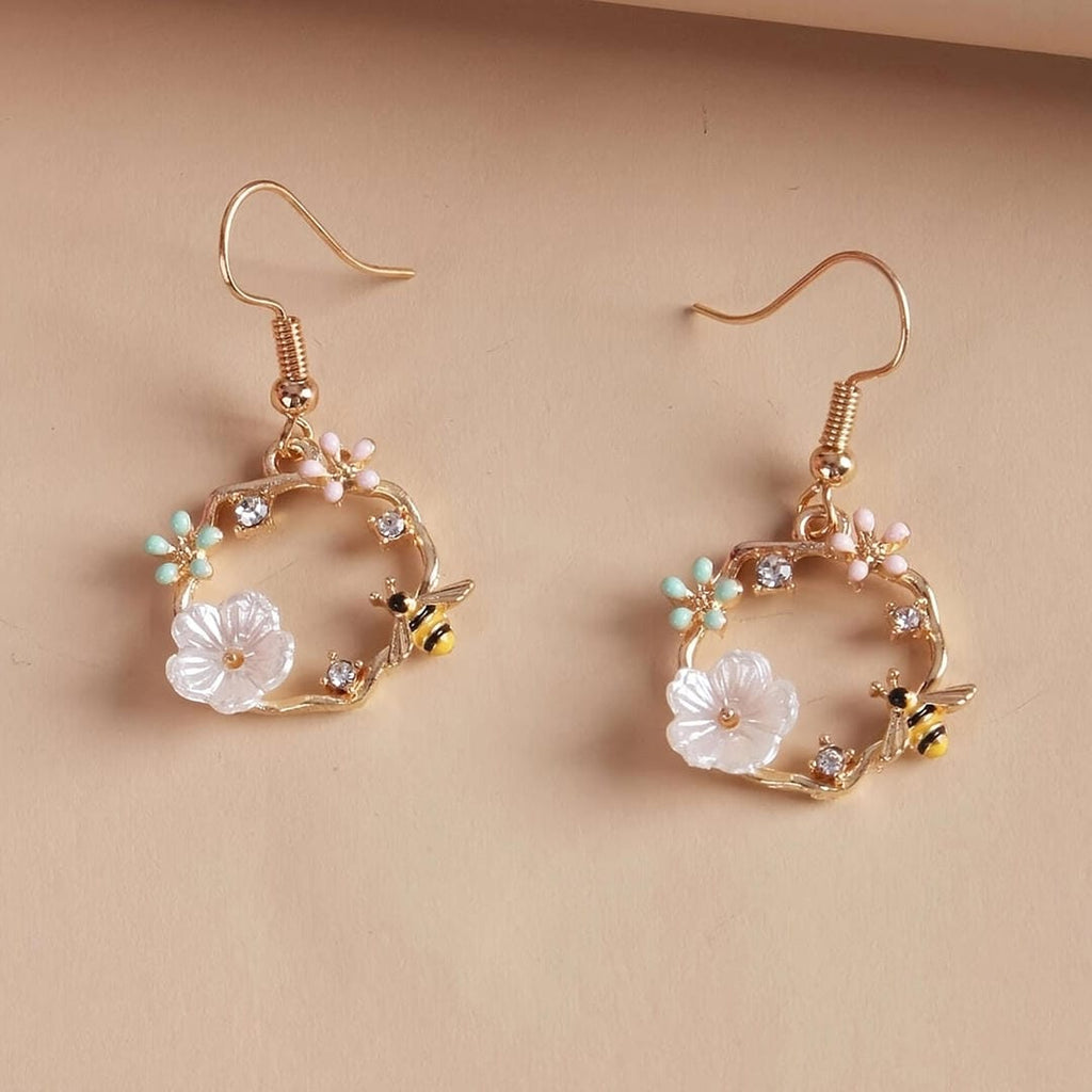 Bee Flower Gold Drop Earrings