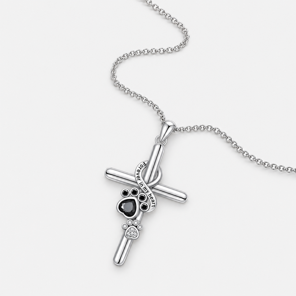 Silver Cross with Paw Pendant Necklace