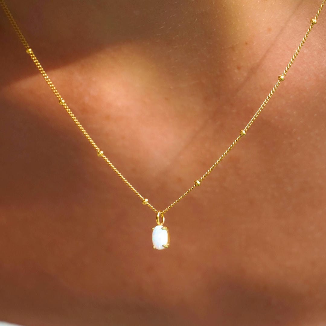 Gold Beaded Necklace with Opal Pendant