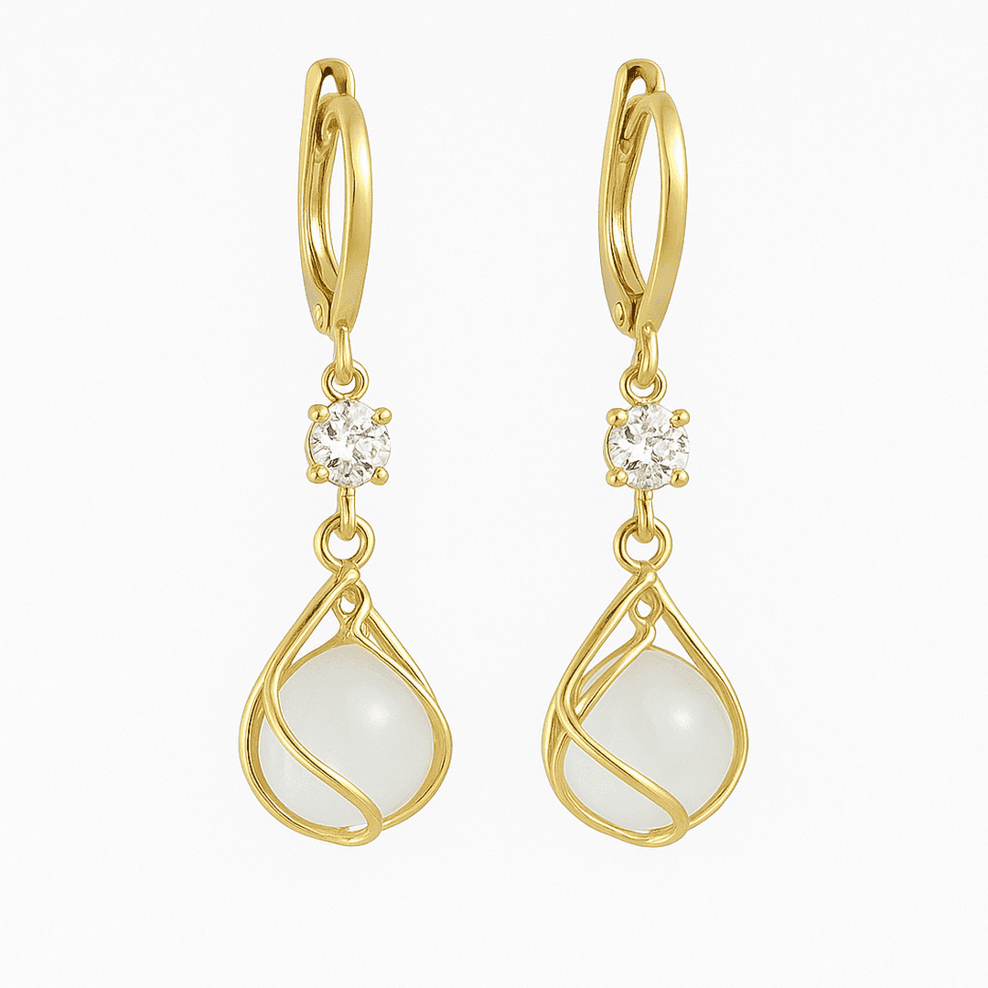 Gold Wire Wrapped White Opal Drop Earrings