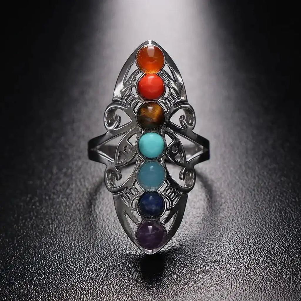 Chakra Seven Stone Adjustable Silver Ring