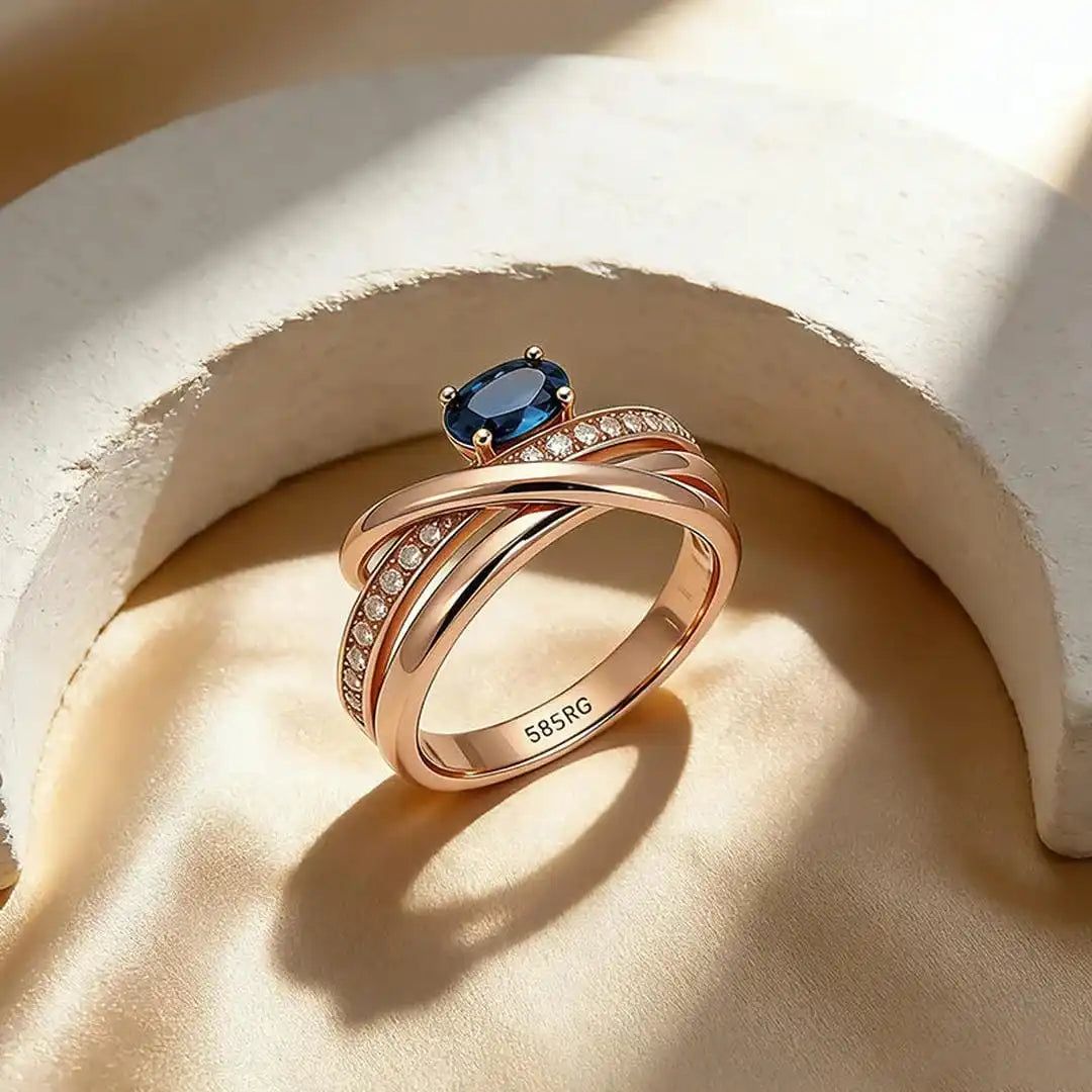 Vintage Rose Gold Cross Blue Cubic Zirconia Ring