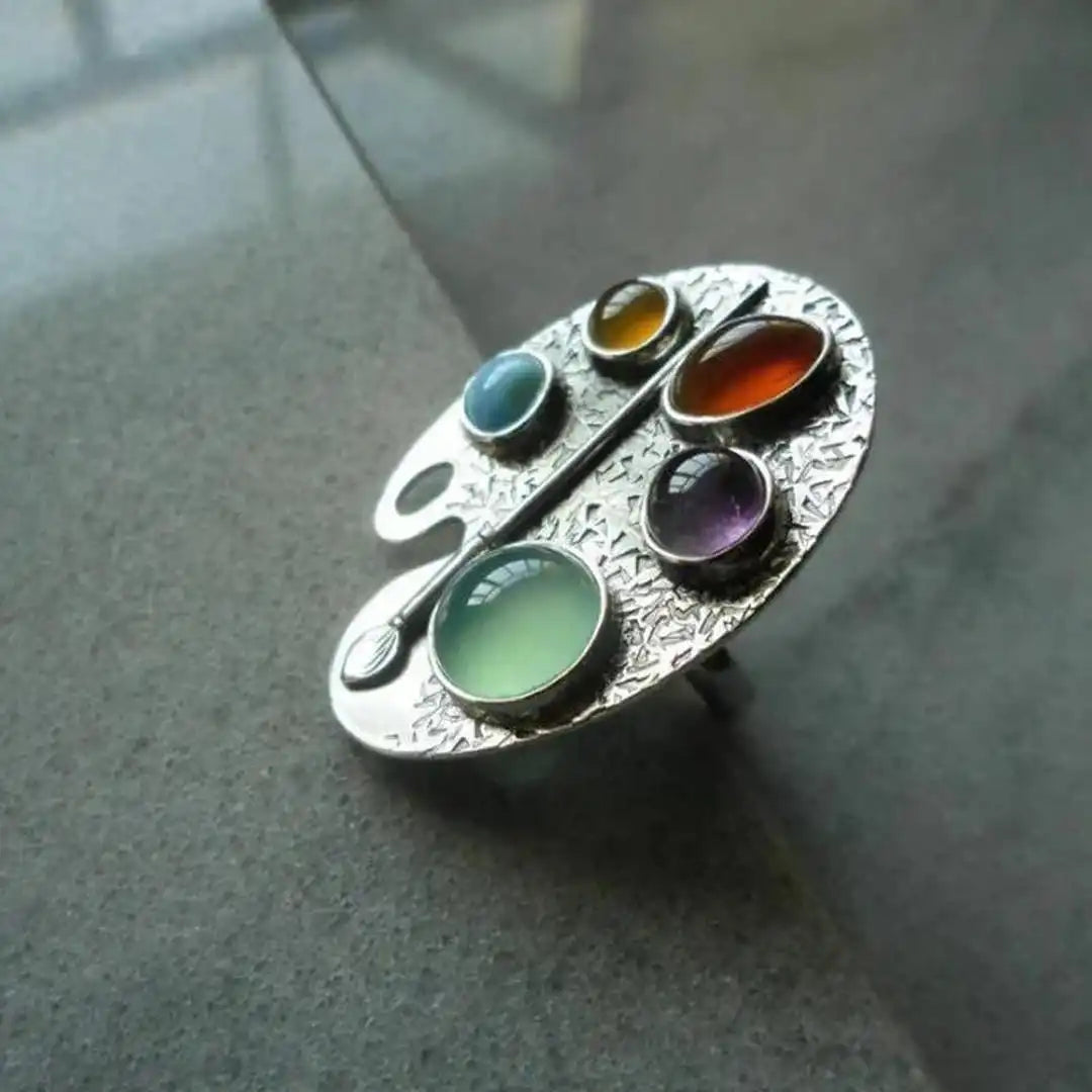 Artist Palette Multicolor Gemstone Adjustable Ring