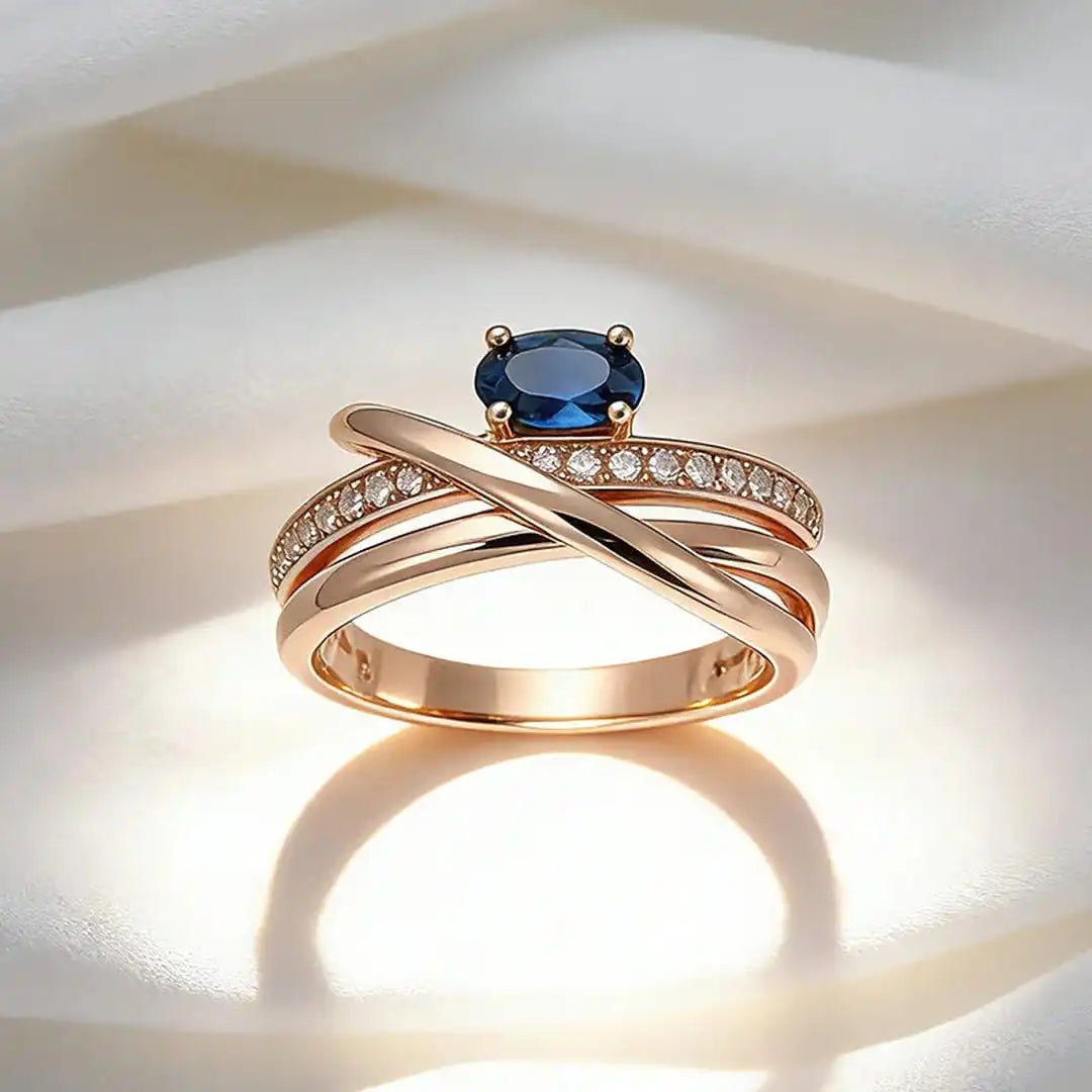 Vintage Rose Gold Cross Blue Cubic Zirconia Ring