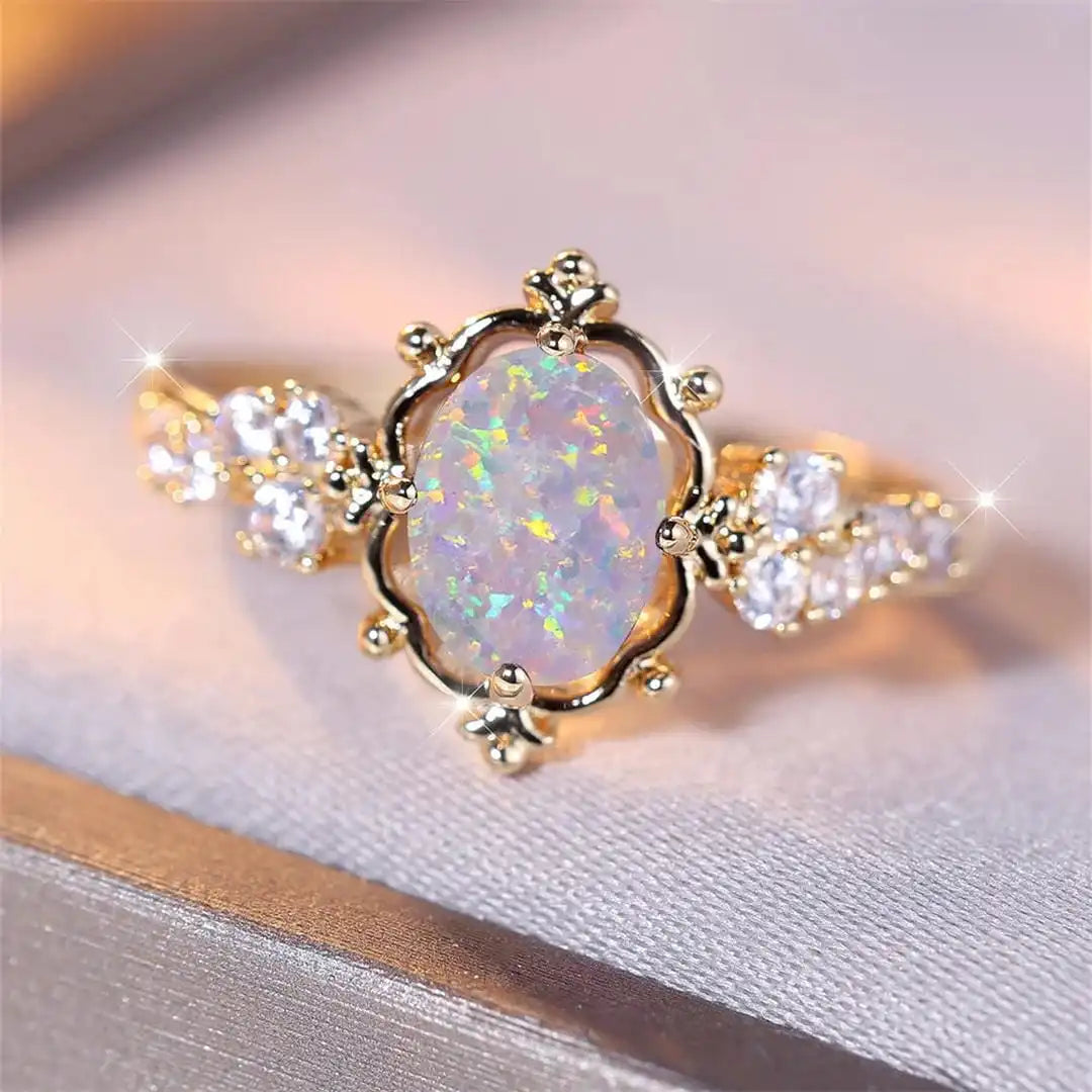 White Fire Opal Oval Stone Flower Ring