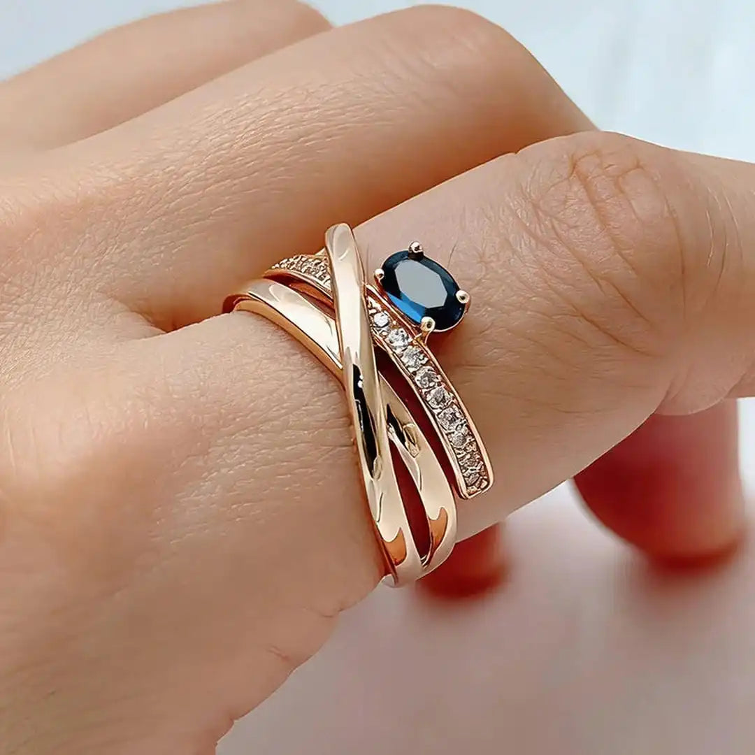 Vintage Rose Gold Cross Blue Cubic Zirconia Ring