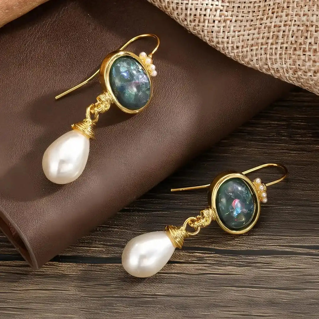 Geometry Black Stone and Pearl Earrings