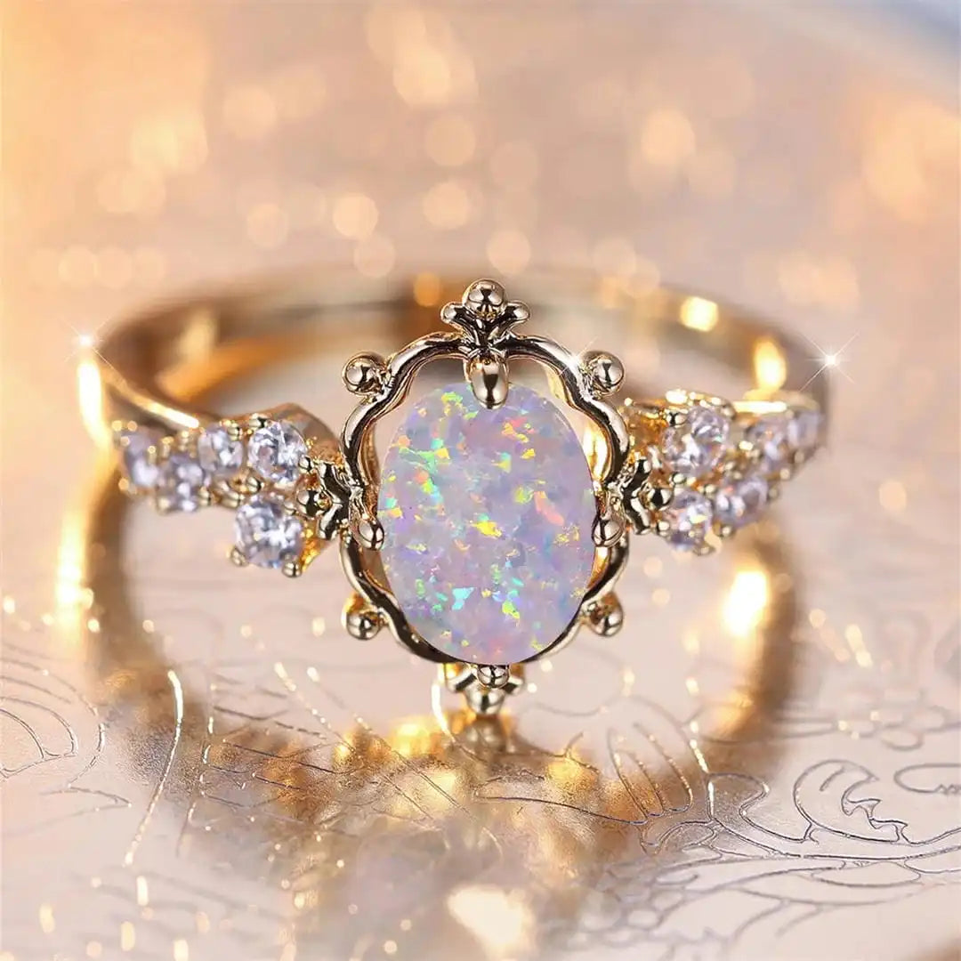 White Fire Opal Oval Stone Flower Ring