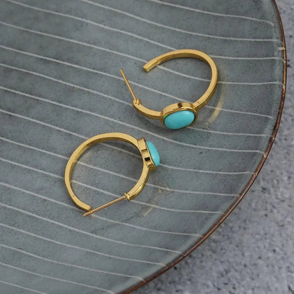 Golden Turquoise Oval Hoop Earrings