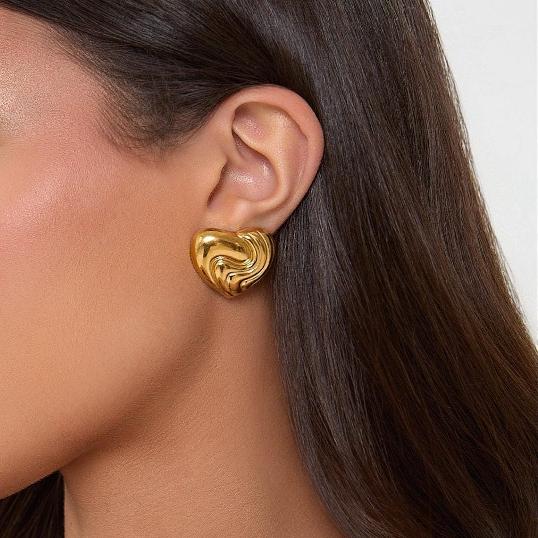 Gold Ribbed Heart Earrings