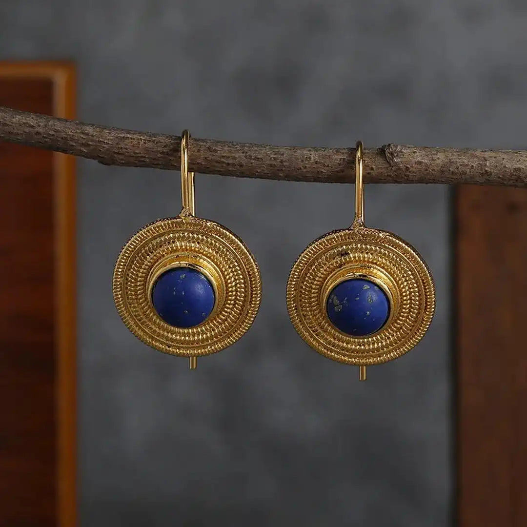 Blue Round Gemstone Hanging Earrings