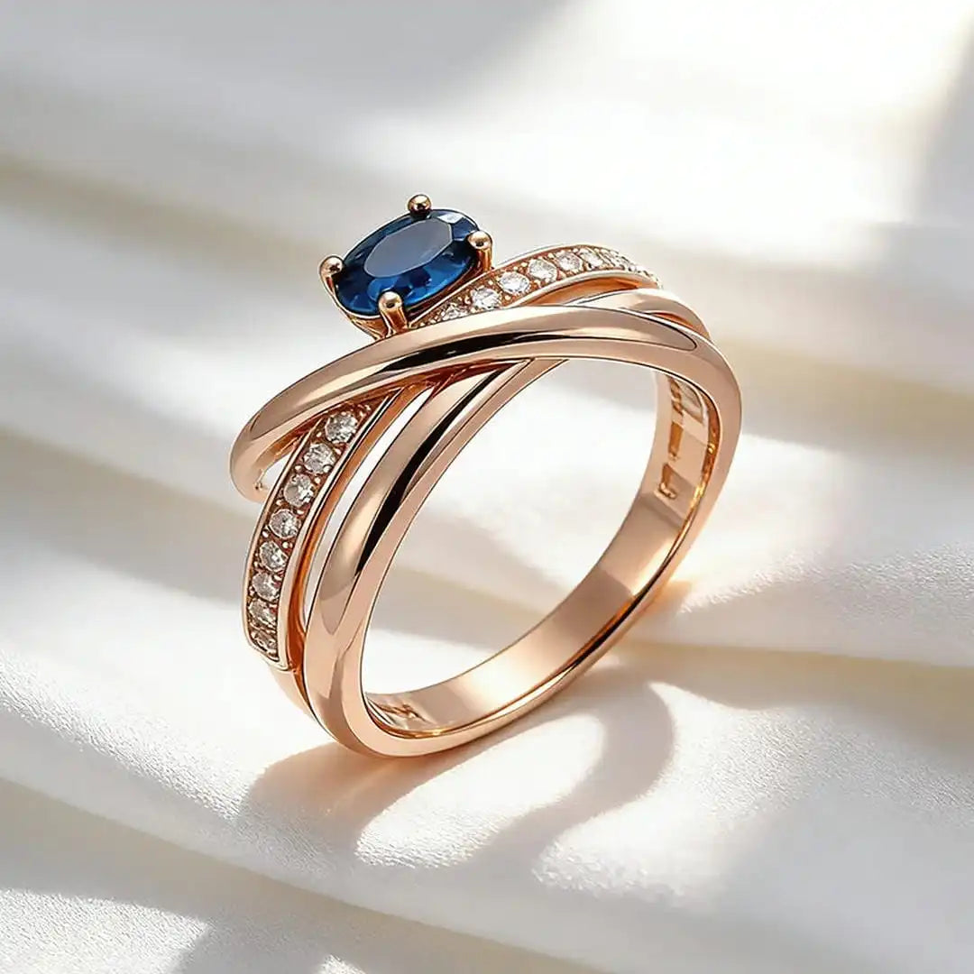 Vintage Rose Gold Cross Blue Cubic Zirconia Ring
