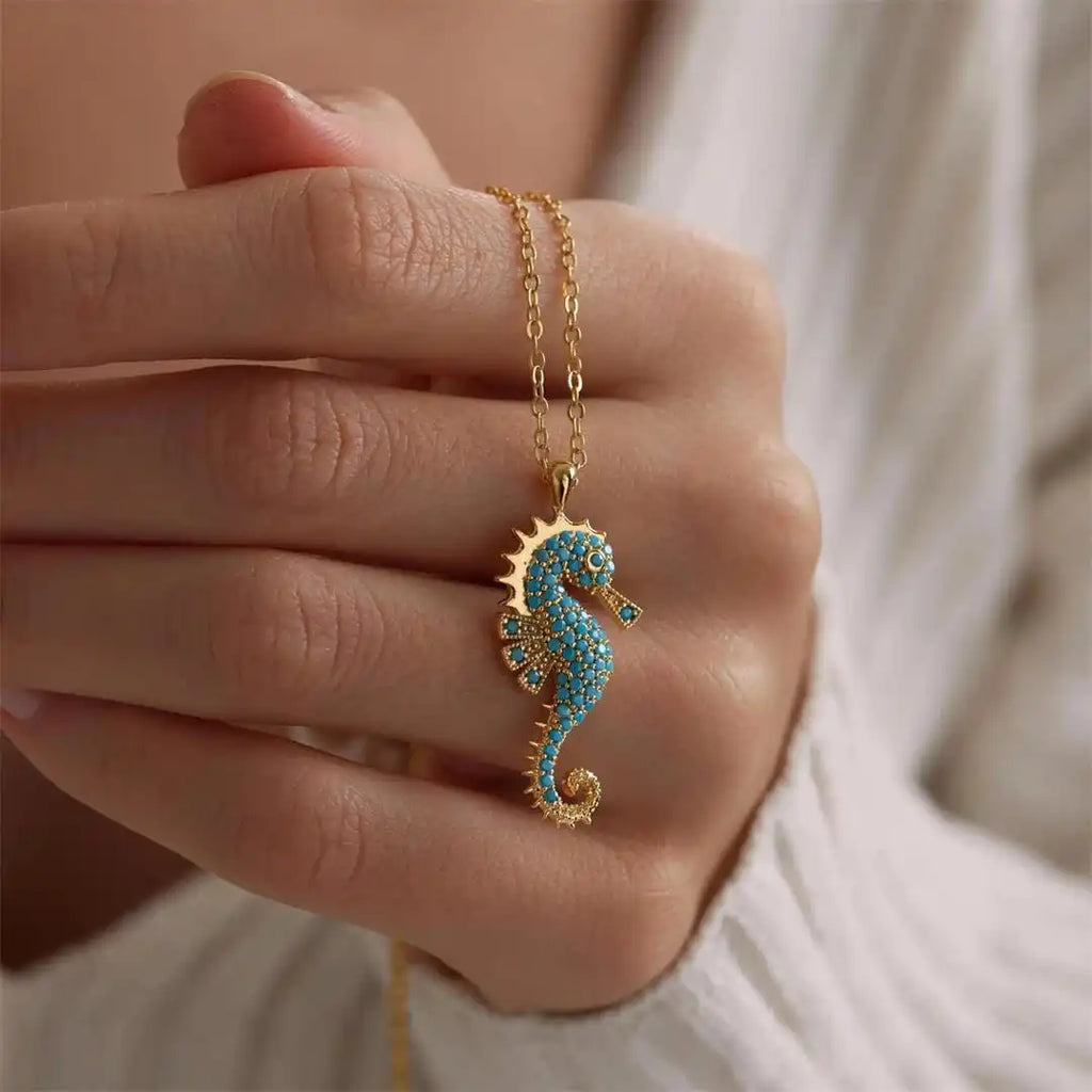Gold Seahorse Turquoise Pendant Necklace