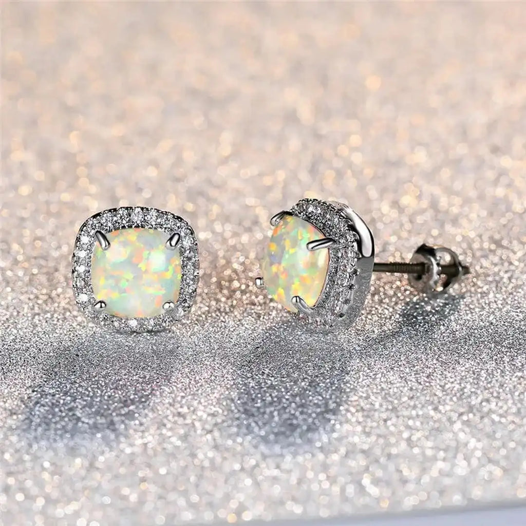 Elegant Silver Round White Fire Opal Stud Earrings