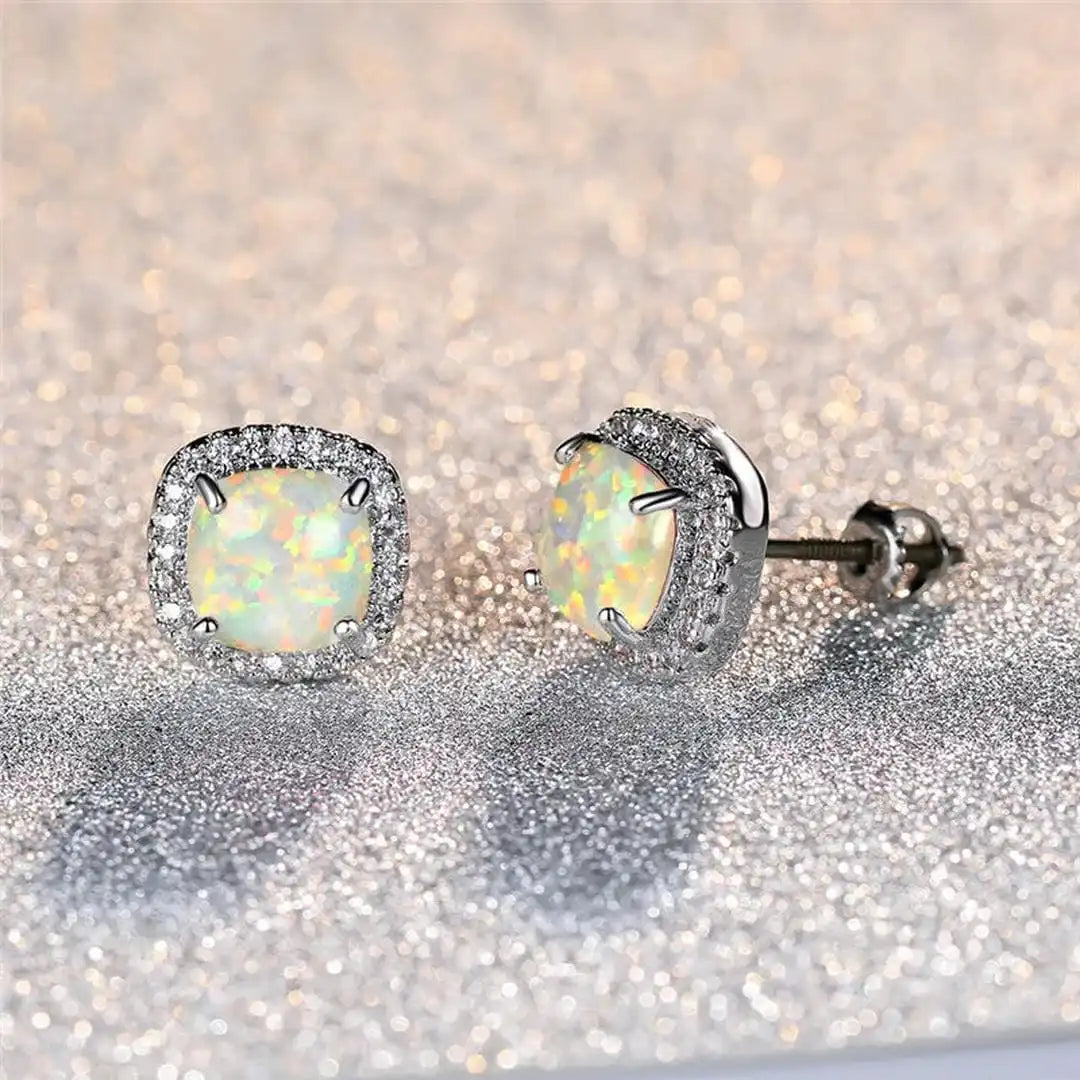 Elegant Silver Round White Fire Opal Stud Earrings