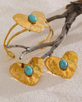 Vintage Gold Inlaid Turquoise Heart Earrings, Ring & Bracelet Set