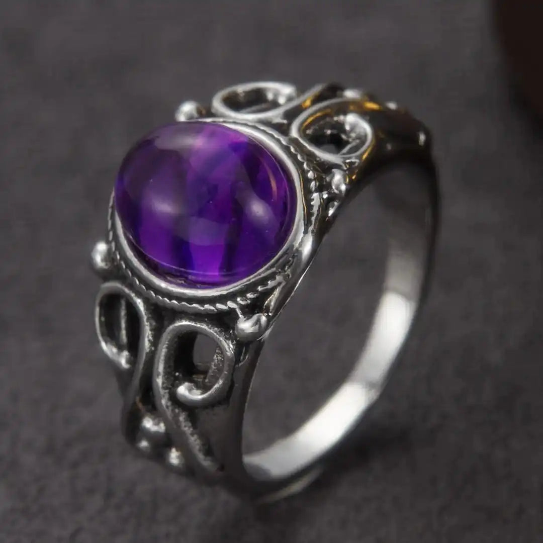 Classic Silver Purple Oval Scroll Ring