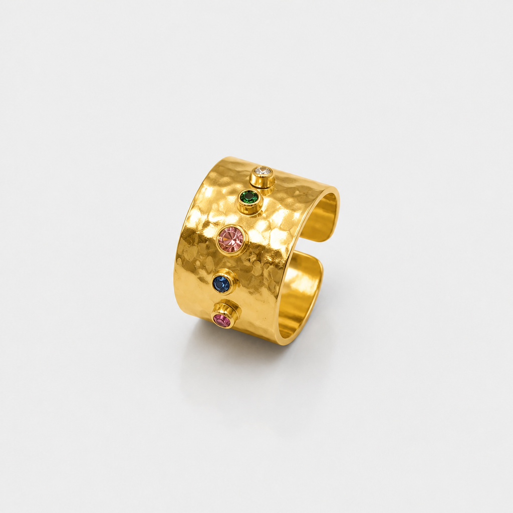 Adjustable Hammered Wide Rainbow Crystal Ring