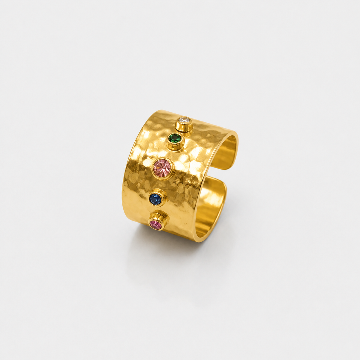 Adjustable Hammered Wide Rainbow Crystal Ring