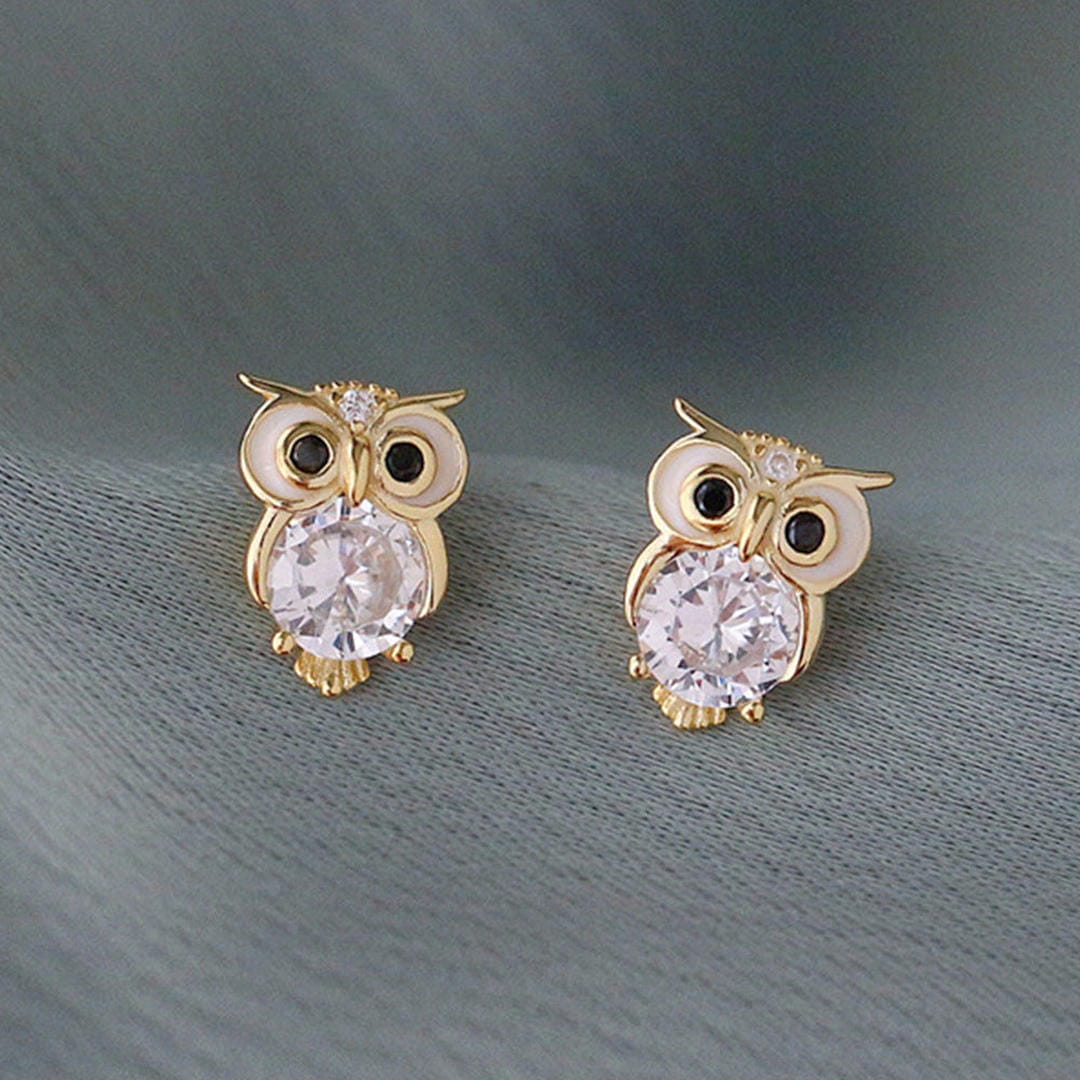 Gold Zirconia Owl Stud Earrings