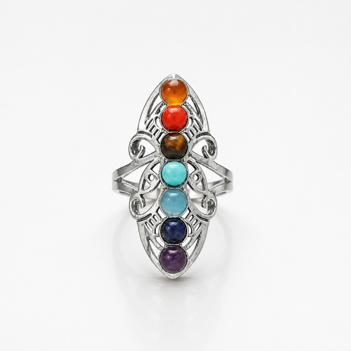 Chakra Seven Stone Adjustable Silver Ring