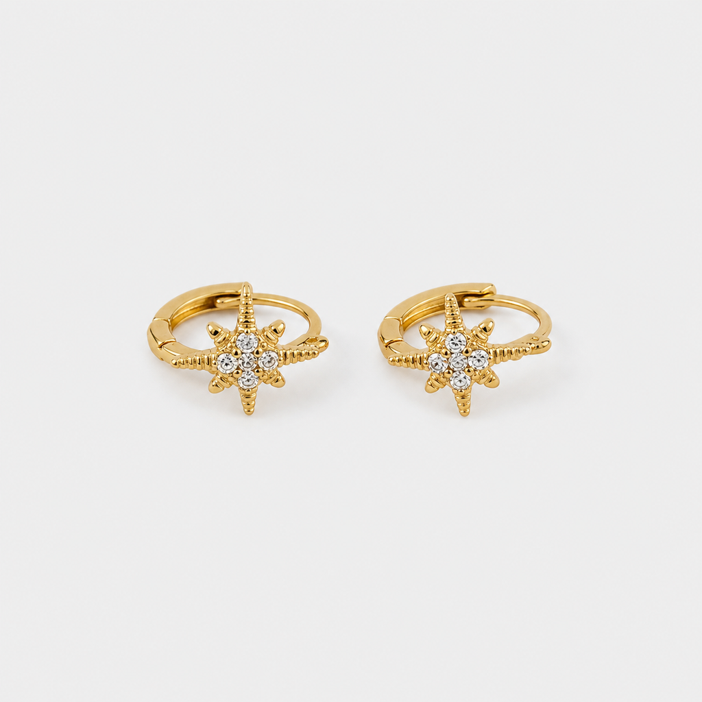 Set of 2 Pairs Gold Crystal Star Huggie Hoops