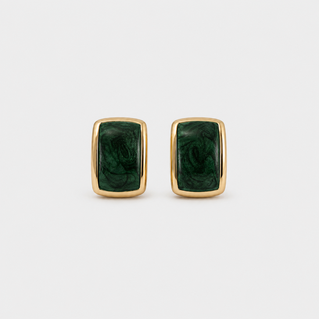 Green Stone Rectangle Stud Earrings
