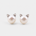 Sterling Silver Cat Pearl Stud Earrings