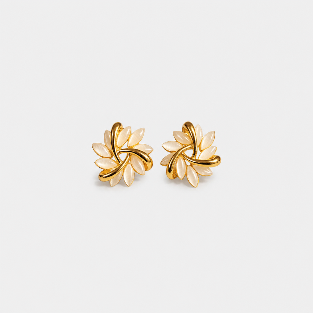 Gold Leaf White Opal Stud Earrings