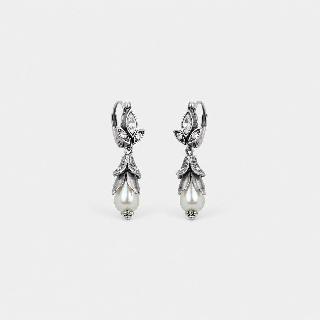 Silver Floral Lily Pearl Earrings