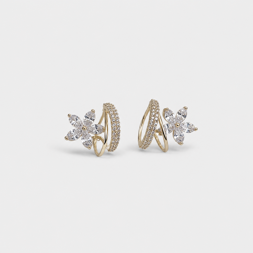 Gold Floral Earrings with Zirconia