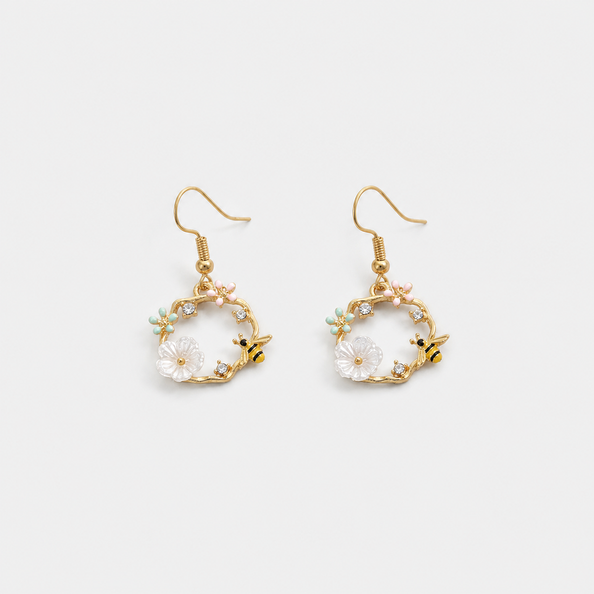 Bee Flower Gold Drop Earrings