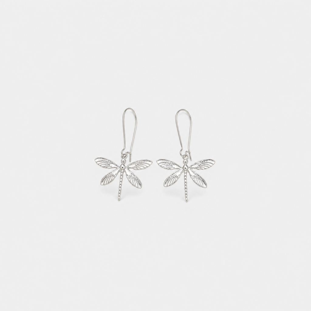 Silver Dragonfly Minimalist Drop Earrings