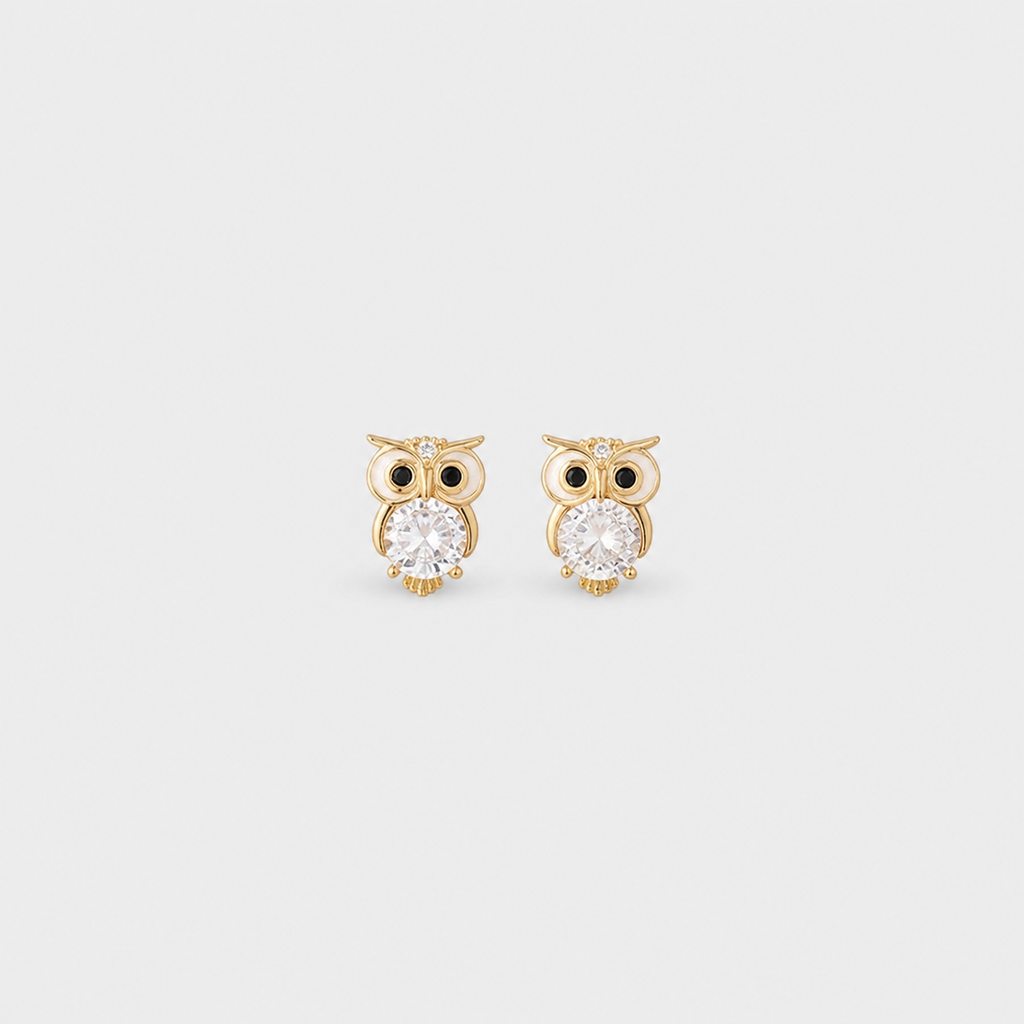 Gold Zirconia Owl Stud Earrings