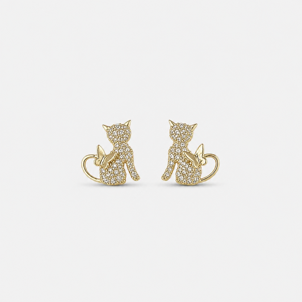 Golden Cat Zirconia Butterfly Stud Earrings