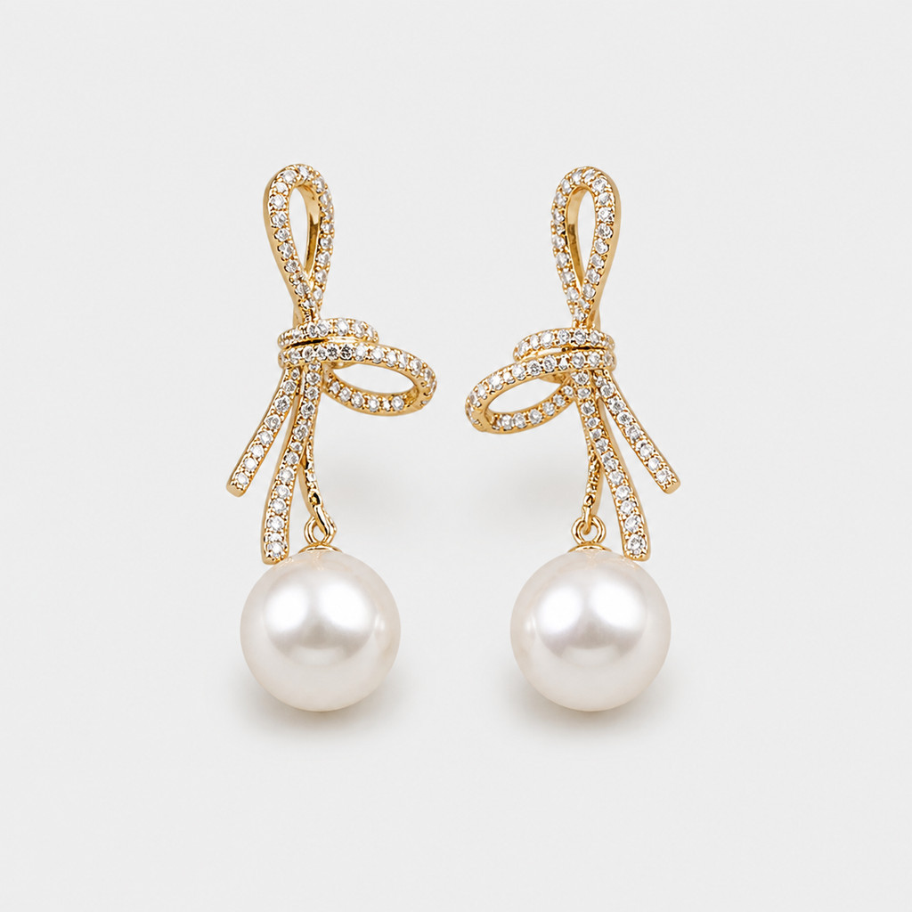Pearl Earrings with Shiny Bow
