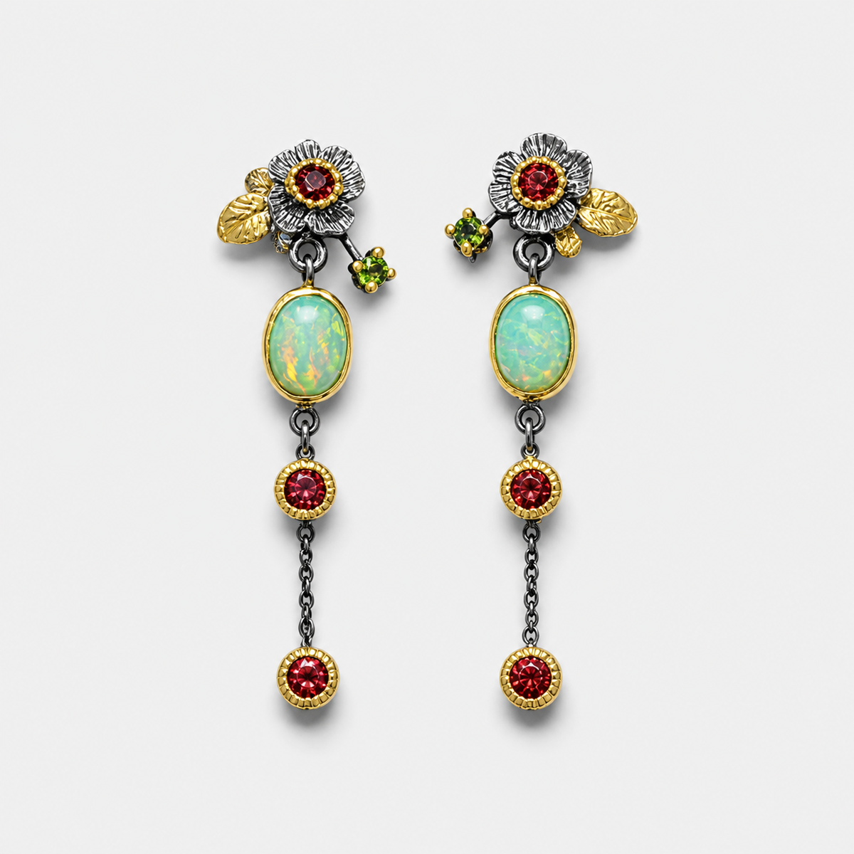 Boho Earrings With Opal And Red Zirconia