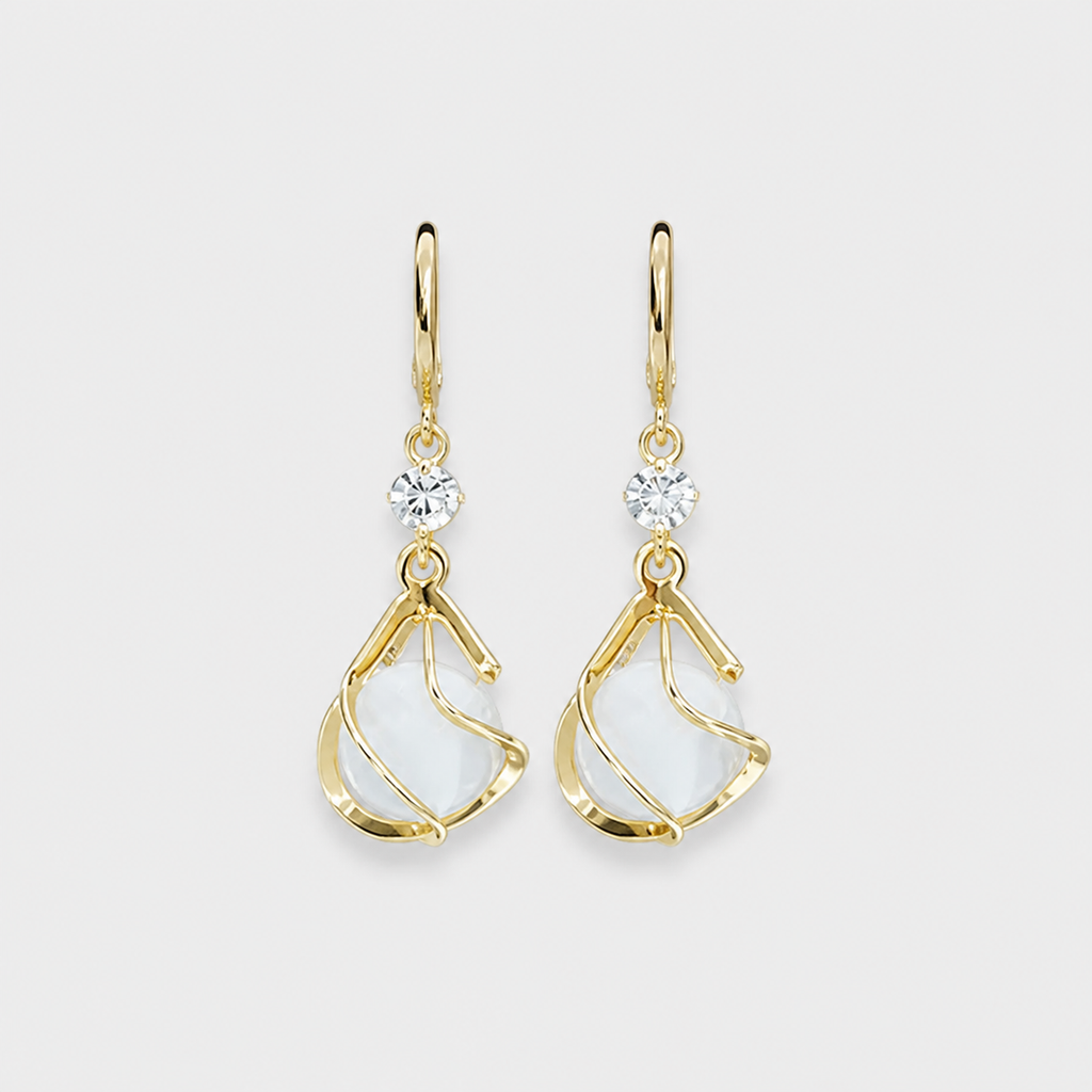 Gold Wire Wrapped White Opal Drop Earrings